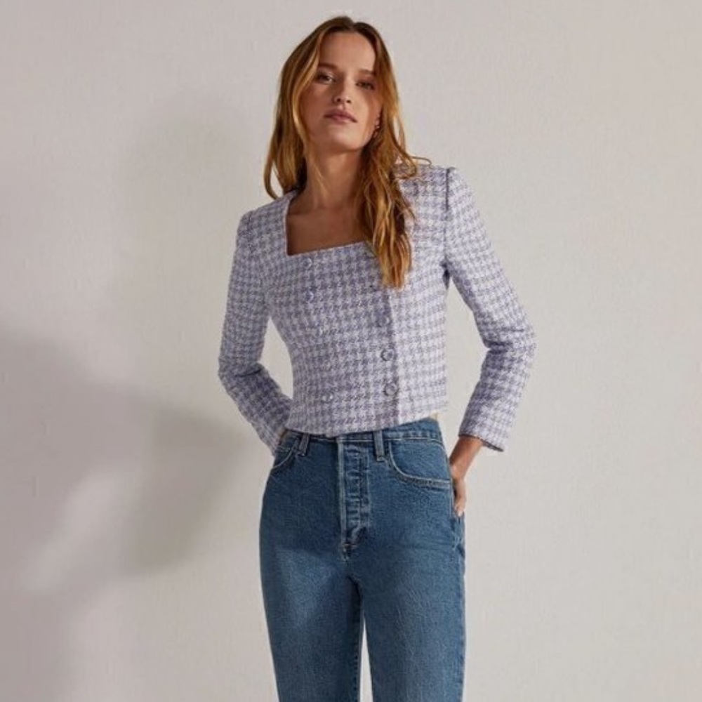 Favorite Daughter Dasha Cropped Lavender Houndstooth Square Neck Jacket